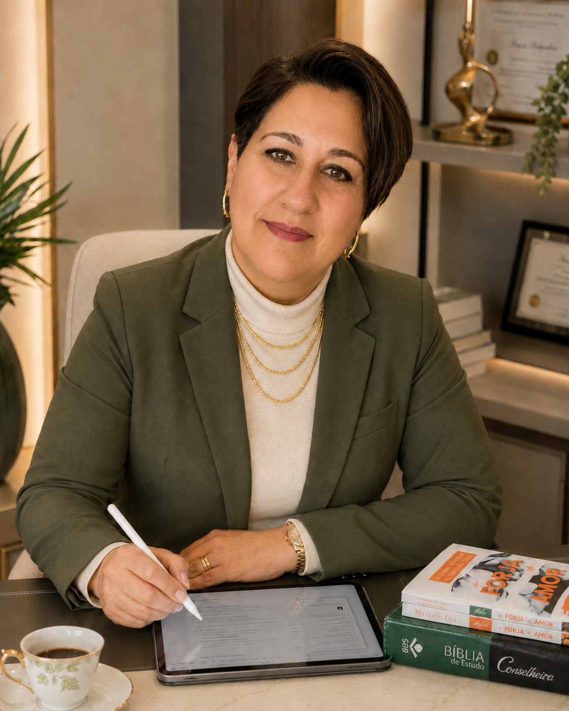 Psi. Marcele Dias em ambiente de atendimento acolhedor
