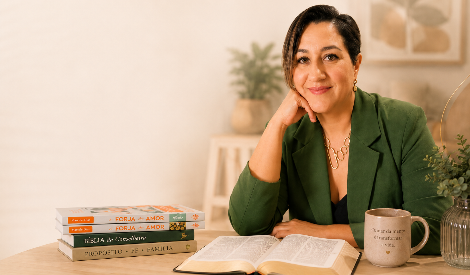Psi. Marcele Dias com olhar acolhedor e expressão de confiança
